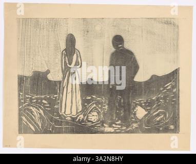 Zwei Menschen. Die einsamen von Edvard Munch stellt zwei Figuren dar, die durch eine krasse Landschaft getrennt sind und emotionale Distanz und menschliche Isolation symbolisieren. Die Arbeit beleuchtet Munchs Erforschung der Komplexität menschlicher Emotionen und Beziehungen. Stockfoto