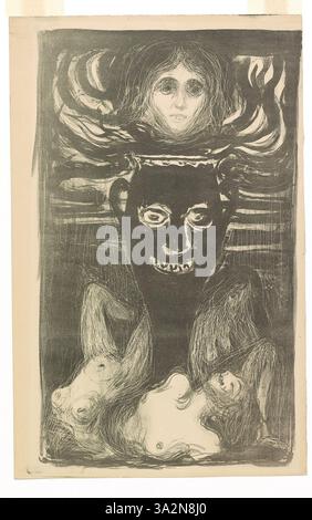 In „The Urn“ erforscht Munch das Thema Sterblichkeit, indem er dunkle, gedämpfte Farben und krasse Bilder verwendet, um die düstere Realität des Todes zu vermitteln. Die Urne symbolisiert den Verlauf des Lebens und spiegelt die Unvermeidlichkeit des Verlustes und die emotionale Wirkung der Trauer wider. Stockfoto