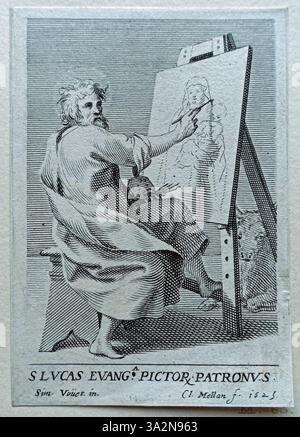 Claude Mellans Darstellung des Heiligen Lukas zeigt ihn das Gemälde der Jungfrau Maria mit einem Stier im Hintergrund, der die traditionelle Verbindung des heiligen mit dem Tier symbolisiert. Die Komposition spiegelt religiösen Symbolismus wider. Stockfoto