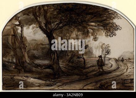 Dieses Gemälde zeigt einen Fußgänger, der auf einer Straße in der Nähe eines Waldes spaziert und die Stille und Schönheit der ländlichen Landschaft des 17. Jahrhunderts festgehalten. Stockfoto