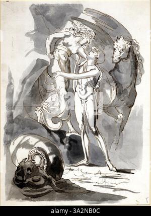 Diese dramatische Zeichnung zeigt den mythologischen Moment, in dem Perseus Andromeda vor dem Meeresungeheuer rettet. Fuselis Komposition hebt die heroische Handlung hervor, mit Perseus in einer dynamischen Pose und Andromeda als verwundbare Figur in Gefahr. Der starke Kontrast von Licht und Schatten unterstreicht die Spannung der Szene. Stockfoto