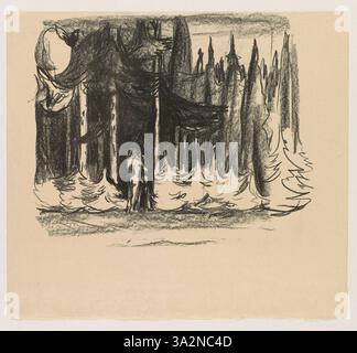 „Towards the Forest“ zeigt eine Einzelfigur, die in einen dunklen, vorweihenden Wald geht. Das Gemälde fängt ein Gefühl von Isolation und psychologischer Tiefe ein, indem es kontrastierende Farben verwendet, um die emotionale Reise der Figur auf einem unsicheren, möglicherweise bedrohlichen Weg hervorzuheben. Stockfoto