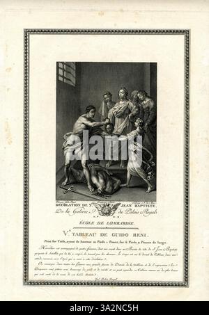 „Décolation de St Jean Baptiste“ von Noël Le Mire nach Guido Reni zeigt die Enthauptung des Heiligen Johannes des Täufers und fängt den dramatischen Moment mit feinen Gravuren und Text ein. Stockfoto