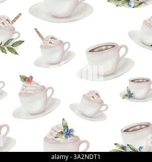 Tassen Kaffee mit Waffelbrötchen, Himbeeren und Heidelbeeren und grünen Blättern. Nahtloses Aquarellmuster. Von Hand gezeichnet. Botanische Illustration, isoliert auf weißem Hintergrund. Für Hochzeitseinladungen, Design, Scrapbooking, Drucken, Küche Stockfoto