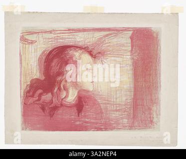 „The Sick Child I“ von Edvard Munch zeigt eine zärtliche Szene, in der ein Betreuer ein krankes Kind pflegt. Die weiche, gedämpfte Farbpalette und die lockere Pinselarbeit spiegeln das emotionale Gewicht von Krankheit und Verletzlichkeit wider. Munch fängt die Fragilität des Lebens und die intime Bindung zwischen den Figuren ein und betont Themen wie Kummer, Trauer und Mitgefühl. Stockfoto