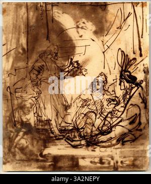 Auf der Rückseite dieser Ätzung von Rembrandt interpretiert Joseph die Träume von Gefangenen. Die Szene vermittelt ein Gefühl von Weisheit und Offenbarung, wobei starke Kontraste von Licht und Schatten verwendet werden, um die Ausdrücke und Emotionen der Figuren hervorzuheben. Stockfoto