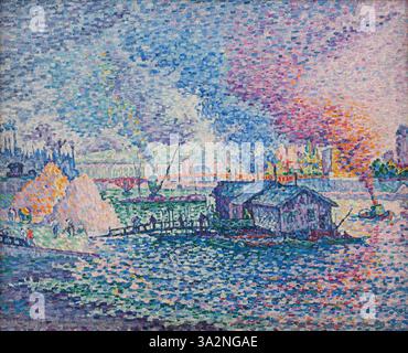 „Mirabeau Bridge“ von Paul Signac veranschaulicht die berühmte Pariser Brücke über die seine und zeigt mit seiner pointillistischen Technik die lebendige Atmosphäre und die Reflexionen im Wasser der Stadt. Stockfoto