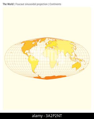 Weltkarte. Sinusprojektion nach Foucault. Kontinentalstil. Detaillierte Weltkarte für Infografiken, Schulungen, Berichte und Präsentationen. Stock Vektor