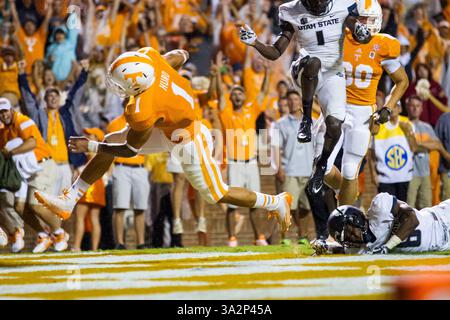 31. August 2014 - Knoxville, Tennessee, USA - 31. August 2014: Jalen Hurd Nummer 1 der Tennessee Volunteers erzielt beim NCAA Football-Spiel zwischen den University of Tennessee Volunteers und den Utah State Aggies im Neyland Stadium in Knoxville, TN(Credit Image: © Fotograf:Tim Gangloff/Cal Sport Media/ZUMAPRESS.com) Stockfoto