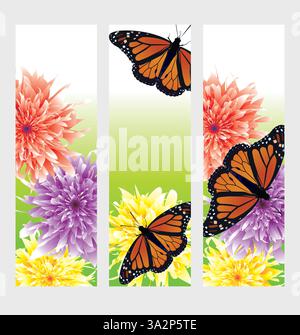Set aus drei farbenfrohen und lebendigen Lesezeichenvorlagen mit Blumenmuster und Monarchschmetterlingen. Vektor-Illustration Design mit gelben, orange lila Blumen. Stock Vektor