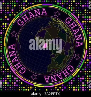 Futuristisches Ghana auf der Welt. Heller Neon-Satellitenblick auf die Welt mit Schwerpunkt Ghana. Stock Vektor