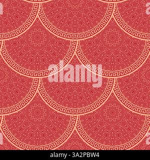 Vektor Japanisches nahtloses Muster im orientalischen geometrischen traditionellen Stil. Festliches Ornament für die Monddekoration des chinesischen Neujahrs. Rotes und goldenes asiatisches kreatives Motiv. Abstrakte Wellen und Kreise. Stock Vektor