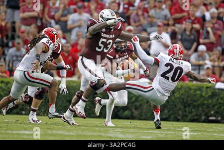 September 2014 - Columbia, SC, USA - South Carolina Gamecocks Wide Receiver Pharoh Cooper (11) erhält einen Block von South Carolina Gamecocks Offensive Tackle Corey Robinson (53) bei einem Spiel in der ersten Hälfte des Gamecocks-Spiels gegen Georgia im Williams-Brice Stadium, Samstag, 13. September 2014 Columbia, S.C. (Kreditbild: © Gerry Melendez/MCT/ZUMA Wire) Stockfoto