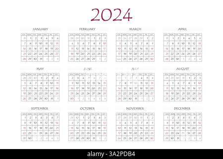 Kalenderplaner 2024. Unternehmenswoche. Vorlagenlayout, 12 Monate jährlich, weißer Hintergrund. Einfaches Design für Geschäftsbroschüren, Flyer, Printmedien Stock Vektor