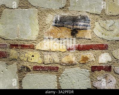 Gemischte Steine und schmale Backsteinfüllung der alten Mauer - Zentralfrankreich. Stockfoto