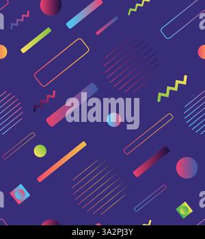 Geometrisches abstraktes Space Galaxy Style Memphis nahtloses Muster mit dunklem Hintergrund. Stock Vektor