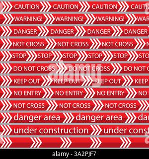 Vector Warning Bänder Set. Rot-weißes Warnschild für Gefahrenwarnung. Abstrakte Strenge Barriere Mit Gestreiftem Übergang. Diagonale Gestreifte Linien. Gefahr im Bau oder auf der Straße. Stock Vektor