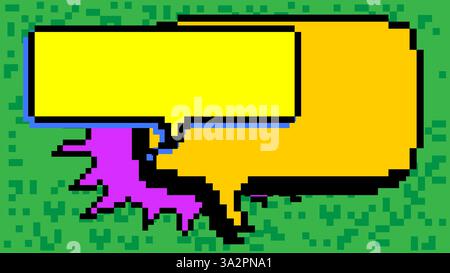 Pixelige Sprechblase mit geometrischem grafischem Hintergrund. Retro-Cartoon-Vektor. Stock Vektor