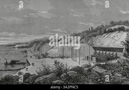 Italien. Muggiano Polygon (La Spezia). Vergleichstests an 48 Zentimeter dicken Panzerplatten, die von der italienischen Marine im November und Dezember 1882 mit einem 100-Tonnen-Geschütz durchgeführt wurden. Der Zweck war die Wahl der geeigneten Rüstung für ihre Kriegsschiffe. Stich von F. Méaulle. La Ilustración Española y Americana (die spanische und amerikanische Illustration), 1883. Stockfoto