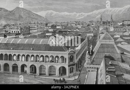 Santiago (Santiago de Chile), Chile. Teilweiser Blick auf die Stadt und die nahe gelegenen Hügel. 1: hügel mit dem Namen „Las Condes“, 2: Hügel San Cristóbal, 3: Kirche La Merced, auf der Straße Merced, 4: Palast Urmeneta, auf der Straße Monjitas, 5: Portal Mac Clure, an der Plaza de Armas (Hauptplatz). Stich von Bernardo Rico (1825-1894). La Ilustración Española y Americana (die spanische und amerikanische Illustration), 1883. Stockfoto