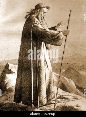 Eine viktorianische Illustration, die Moses auf Pisgah zeigt - in der Bibel steht: "Dann bestieg Moses den Berg Nebo von den Ebenen von Moab auf den Gipfel von Pisgah, gegenüber von Jericho..." (Gott befahl Moses, vom Berg Nebo aus das Gelobte Land zu besichtigen) Stockfoto