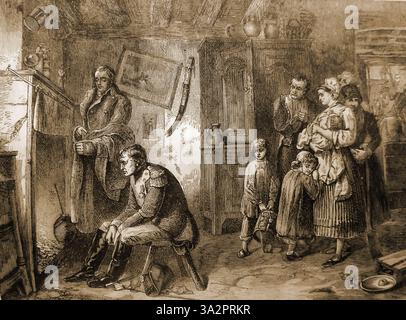 Ein viktorianischer Gravur, der Napoleon nach seiner Niederlage in der Schlacht von Waterloo am 18. Juni 1815 in einem französischen Familienhaus Zuflucht sucht, während er versuchte, der Gefangennahme zu entkommen. --Une gravure victorienne Montrant Napoléon se réfugiant dans une maison familiale francaise après sa défaite à la bataille de Waterloo le 18 Juin 1815. Napoléon alors qu'il tentait d'échapper à la Capture. -- Stockfoto