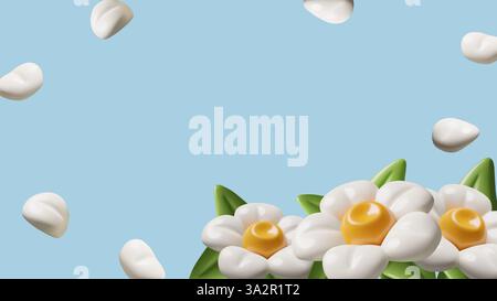 3D Gänseblümchen Blumen auf blauem Hintergrund mit Kopierraum Frühling oder Sommer Blumenkugel Vektor Illustration Stock Vektor