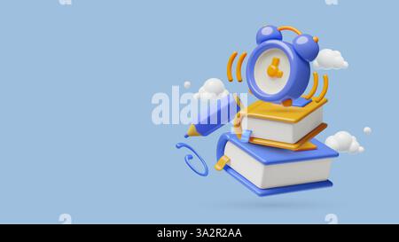 Pädagogischer 3D-Vektor-Hintergrund mit Büchern, Wecker, Stift, der in Wolken fliegt Stock Vektor