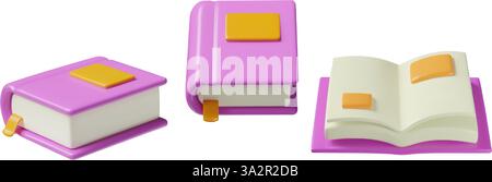 Bücher in lila Cover 3D Vektorelemente werden geöffnet und geschlossen Schüler Lehrbuch oder Wörterbuch gesetzt Stock Vektor