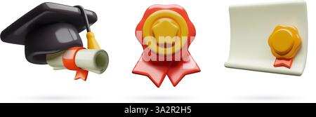 3D-Graduiertenelemente Set minimales dreidimensionales Studentenmütze-Diplom mit Abzeichen und Goldmedaille Stock Vektor
