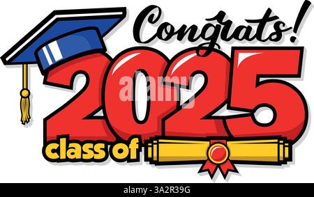 2025-Klasse-Absolventen-Header. Dekoriere die Gratulation für Schulabsolventen im Comic-Stil. Vektor auf transparentem Hintergrund Stock Vektor