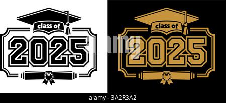 Schriftzüge der Klasse 2025 Zoll für Grußkarten, Einladungskarten. Text für Abschlussdesign, Glückwunschveranstaltung, T-Shirt, Party, Highschool oder colle Stock Vektor