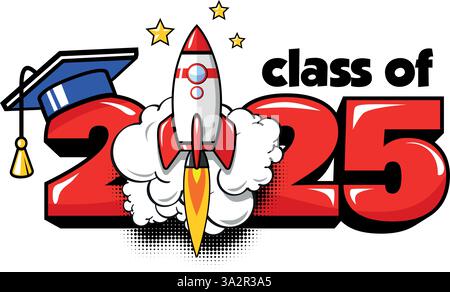 2025 Bannervorlage für Start-up-Kurse. Schneller Raketenstart im echten Leben. Vektor im Comic-Stil auf transparentem Hintergrund Stock Vektor