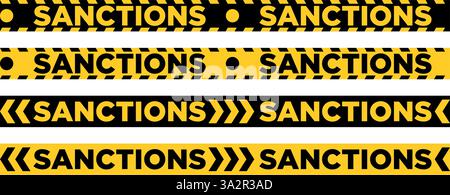 Gelbe Warnbänder mit Aufschrift SANKTIONEN. Nahtloses Warnband, Verbotszeichen. Vektor auf transparentem Hintergrund Stock Vektor