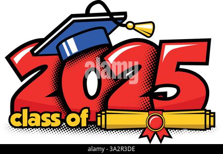 2025-Klasse-Absolventen-Header. Dekoriere die Gratulation für Schulabsolventen im Comic-Stil. Vektor auf transparentem Hintergrund Stock Vektor