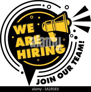 Wir stellen ein. Treten Sie unserem Team bei. Werbevorlage für Personalbeschaffung. Vektorankündigung offene Stellen auf transparentem Hintergrund Stock Vektor