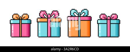 Geschenkboxen mit bunten Schleifenschleifen im Pixel-Art-Stil. Weihnachts- und Geburtstagsgeschenke. Vektorabbildung Stock Vektor