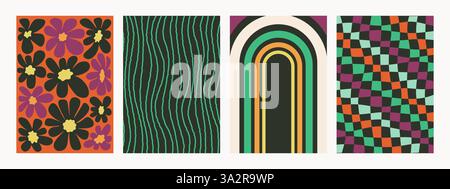 Abstraktes psychedelisches Retro-Muster-Set. Groovige Hintergründe in dunklen Farben. Trendige, flippige Vektortexturen im abstrakten y2k-Stil. Vektorgrafik für Stock Vektor