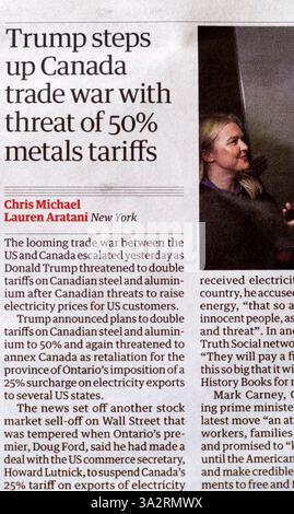 Donald 'Trump verstärkt Kanada-Handelskrieg mit Drohung von 50% Metallzöllen' Guardian-zeitungsartikel März 2025 London Großbritannien Stockfoto