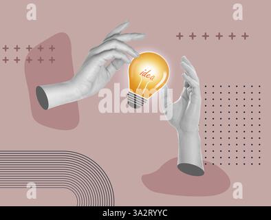 Kreative Kunstcollage. Weibliche Hände mit Glühbirne auf farbigem Hintergrund. Konzeptionelles Poster über Idee und Inspiration Stockfoto