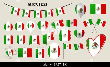 mexiko-Flagge gesetzt. Verschiedene nationale Flaggenkollektion mit verschiedenen Formen wie Herz, Schild, osterei, Lage, Kreis, Stempel, Grunge, Quadrat, Ro Stock Vektor