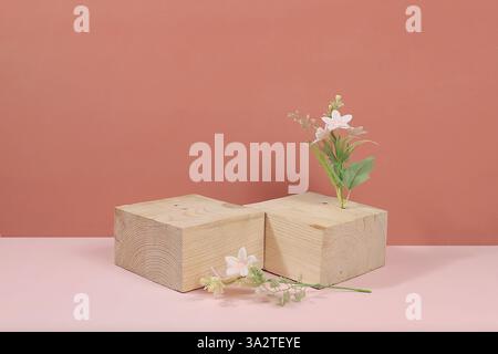 Abstrakter Hintergrund mit natürlichen hölzernen Podesten, leere Vitrine für die Präsentation oder Präsentation von kosmetischen Produkten, Bühne mit geometrischen Formen, minimal Stockfoto