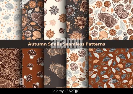 Hand gezeichnete Schnecken Blätter und Blumen, warme Erdtöne Herbst Vektor nahtlose Muster für Tapeten oder Stoff Textil Stock Vektor