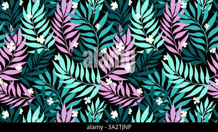 Moderner Sommer Bold Leaves Silhouetten Mode tropisches Türkis und Lila Leaves abstrakter Hintergrund. Nahtloses Vektor-Muster für Gewebe Textil oder Stock Vektor