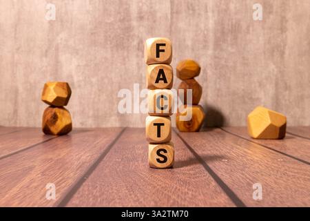 Holzblöcke mit Buchstaben, die Wörter bilden Fakten Stockfoto