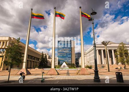 Unabhängigkeitsplatz in Vilnius Stadt mit litauischen Fahnen, die in der Luft winken Stockfoto