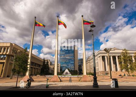 Unabhängigkeitsplatz in Vilnius Stadt mit litauischen Fahnen, die in der Luft winken Stockfoto