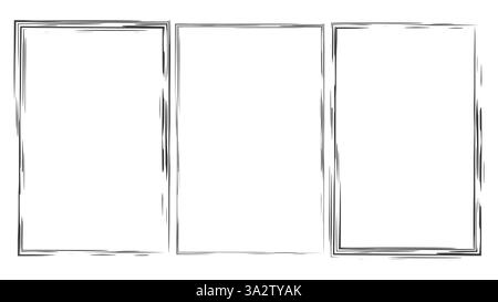 Drei schwarz-weiße Quadrate mit weißem Hintergrund. Die Quadrate haben alle unterschiedliche Größen und sind in einer Reihe angeordnet Stock Vektor