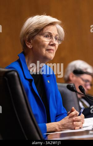 16. Januar 2025: Elizabeth Warren, das Finanzkomitee des Senats, prüft die Nominierung von Scott Bessent zum Finanzminister. Stockfoto