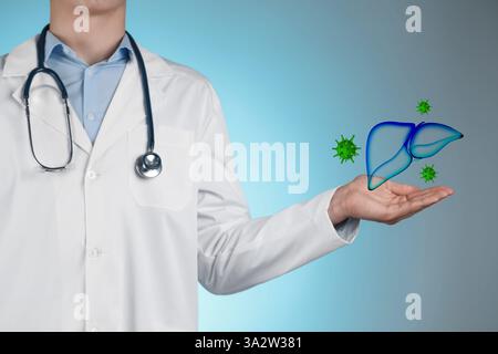 Doktor hält Illustration der ungesunden Leber auf farbigem Hintergrund, Nahaufnahme. Hepatitis Stockfoto